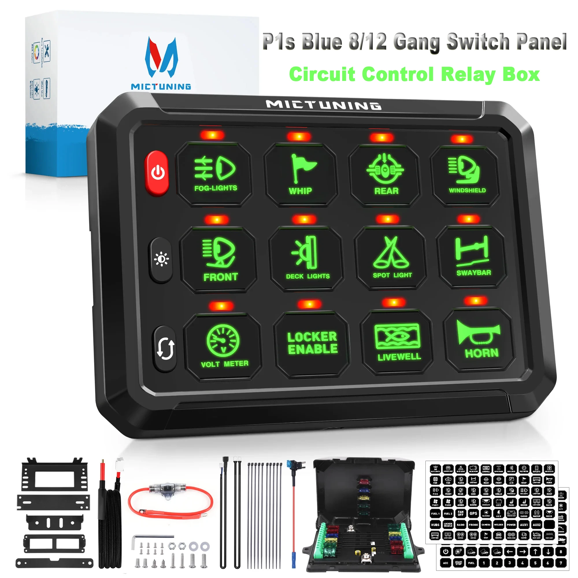 

MICTUNING P1s Green 8/12 Gang 12V 24V LED On-Off Switch Panel Circuit Control Relay Box for Car Truck SUV RV Camper Van Offroad