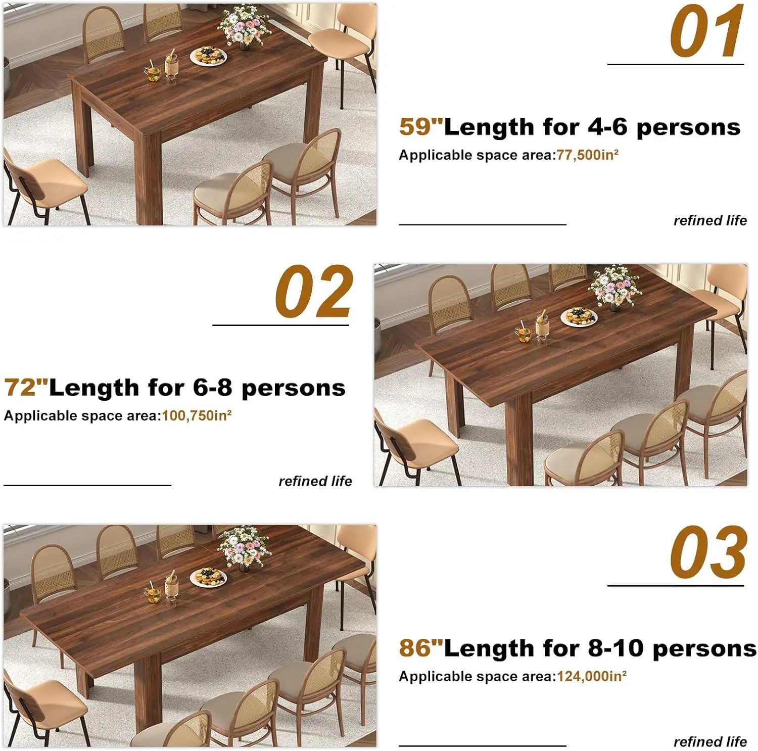 Extendable Dining Table for 6 8 10 People, Rectangular Indoor Wooden Expandable Dinner Tables, Farmhouse Large Kitchen Dining Ta