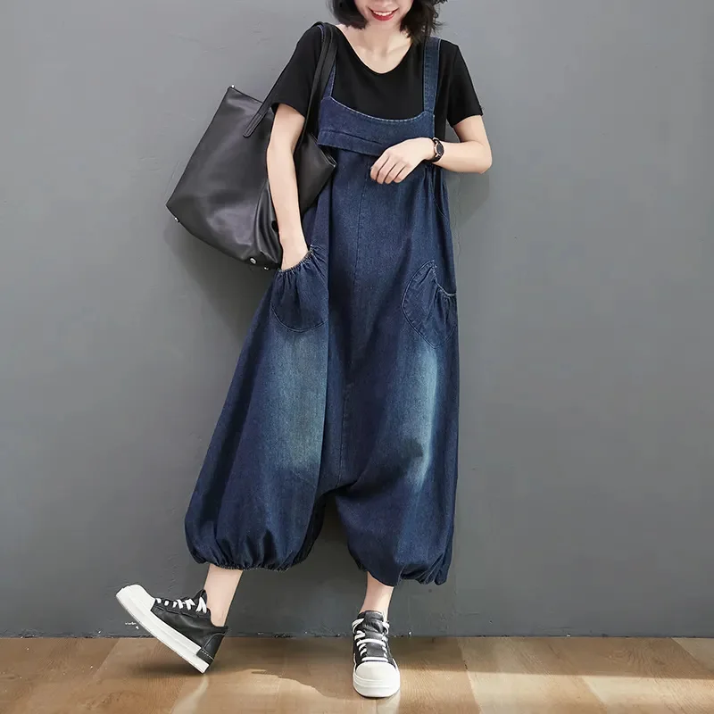 Spring Summer New Vintage Denim Overalls Women\'s Oversized Loose Strap Lantern Pants Fashion Wide leg pants Women Streetwear