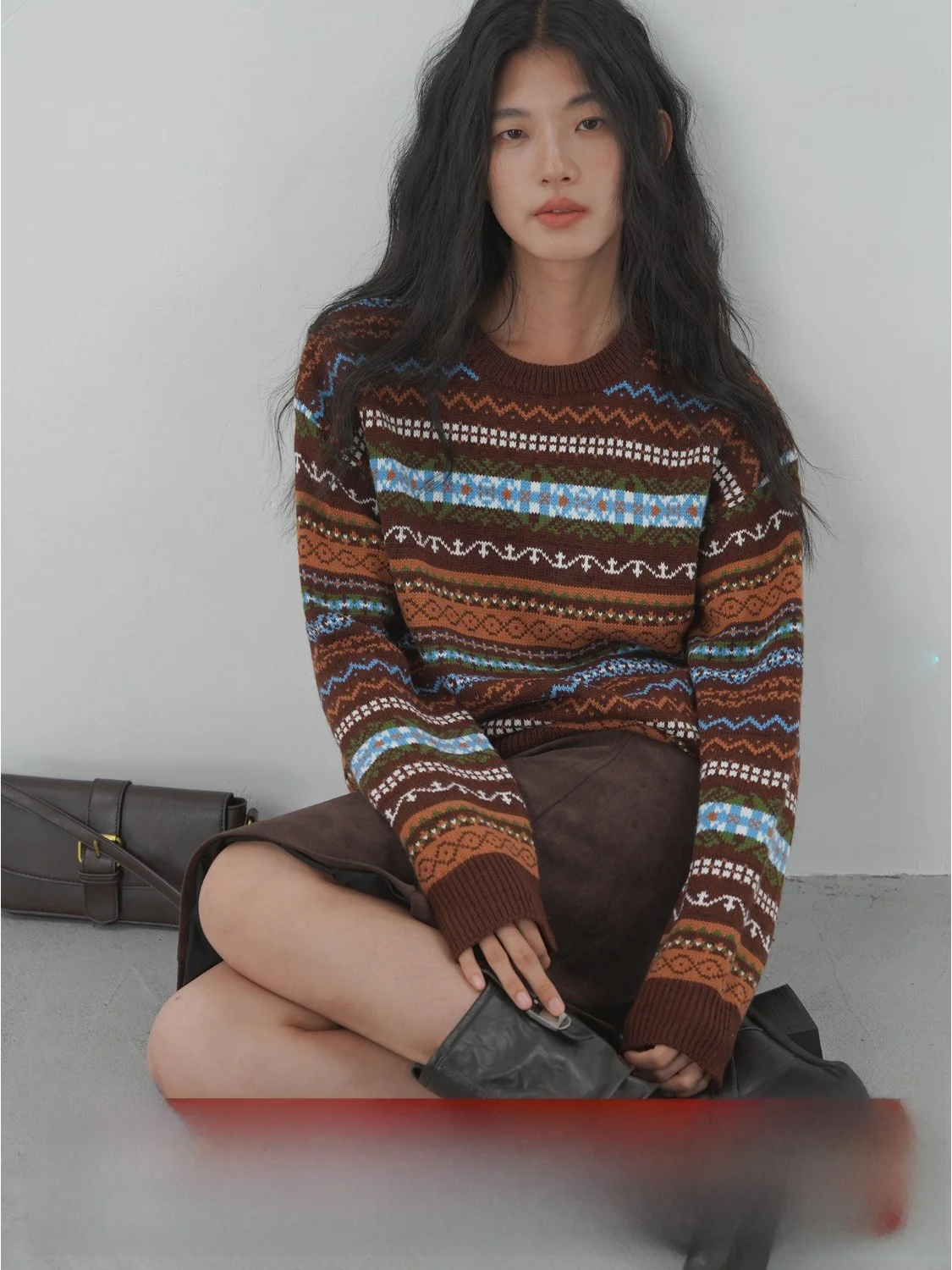 

Винтажный этнический вязаный свитер EIGHTHMONTH в полоску с цветными блоками, свободный крой, женский, с вышивкой, круглый вырез, длинный рукав