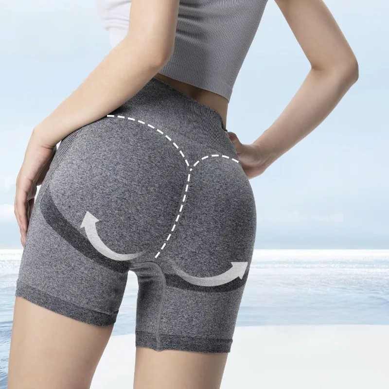 Hoog getailleerde perzikkleurige hippe fitnessshorts voor hardlopen en training voor dames, ademende, zweetafvoerende yoga driedelige shorts