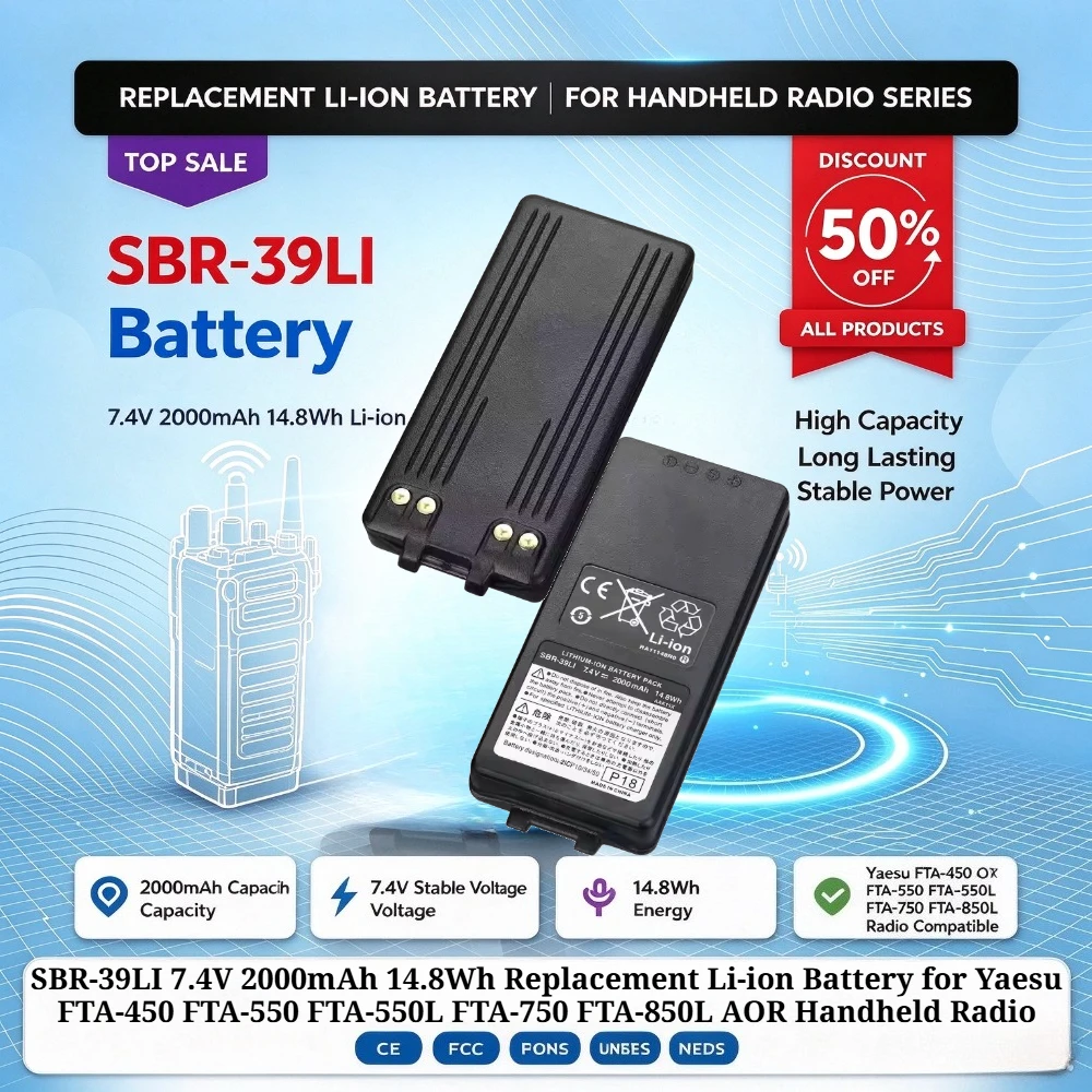 SBR-39LI 7.4V 2000mAh 14.8Wh Replacement Li-ion Battery for Yaesu FTA-450 FTA-550 FTA-550L FTA-750 FTA-850L AOR Handheld Radio