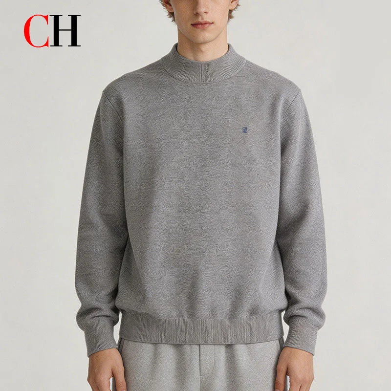 CH Men Mock Neck Sweater Knit Pullover Long Sleeve Solid Gray Casual Loose Fit Jumper Autumn Winter Minimalist Knitwear