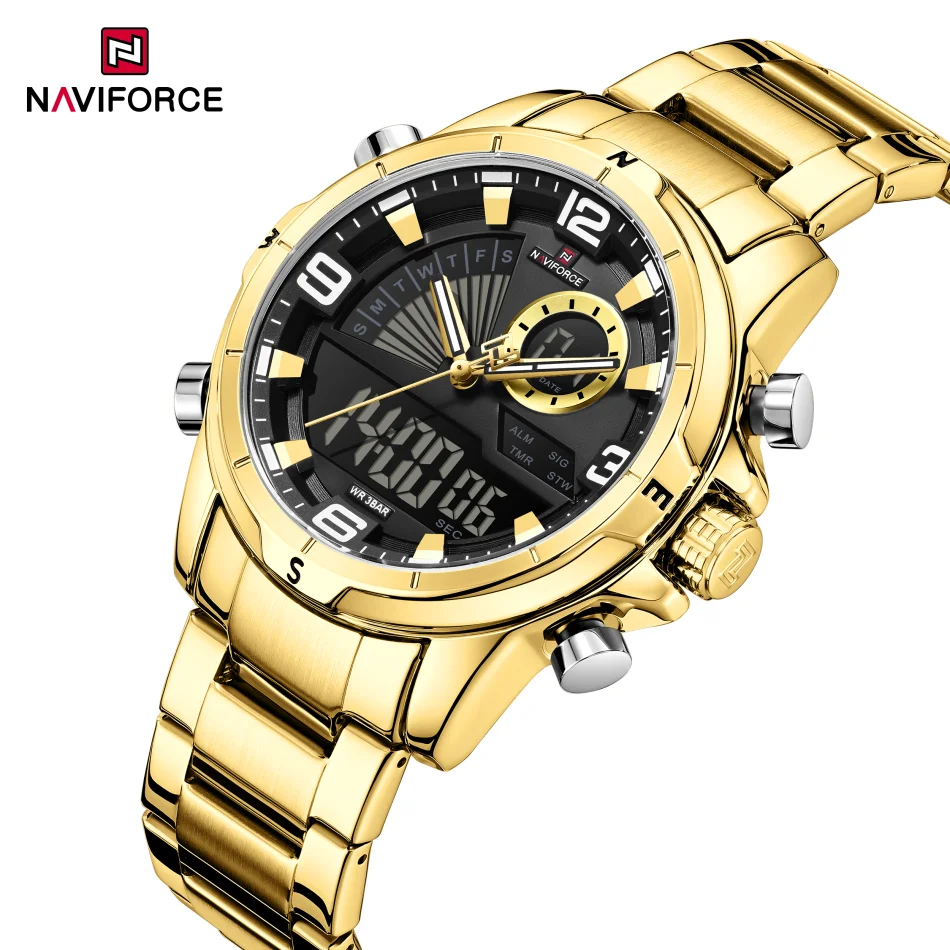 NAVIFORCE Luxury Men's Quartz Watch Dual Display Day Date Display Waterproof Chronograph Steel Strap Man Sports Gift Wristwatch