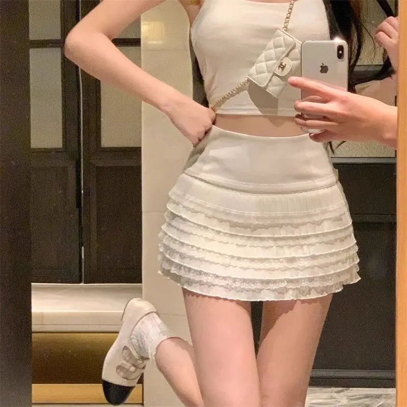 Korean White Sweet Hot Girl Lace Hip Skirt Women'S Summer New High Waist Pleated Versatile Cake Skirt