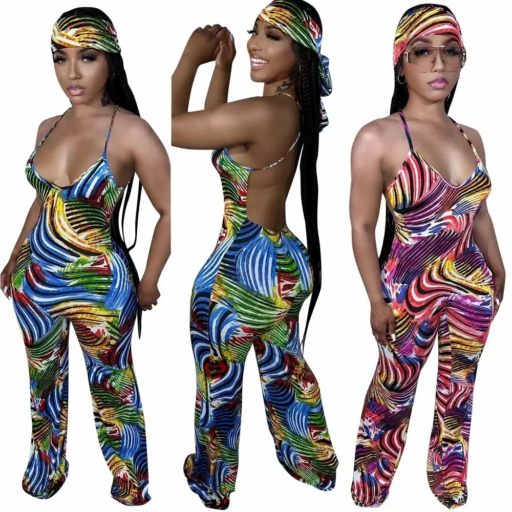 

FNOCE Fashion Street 2024 Early Spring Women's New Sleeveless Halter Painted Printed Backless Casual Long Jumpsuit With Hijab