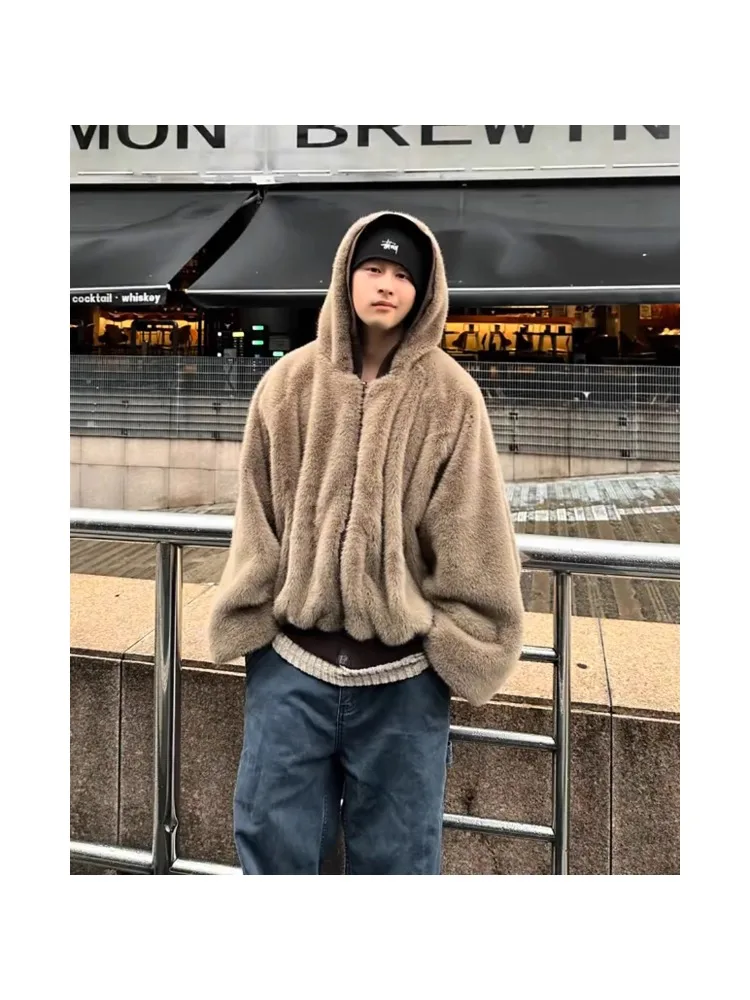 

ចូល коричневый двухсторонний носимый с капюшоном из искусственной норки Jaet мужской зимний модный брендовый Mountain Eagle Thiened из хлопка в стиле ретро теплый...