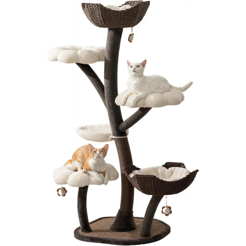 

59 Inch Floral Tree, Sturdy Iron Frame Construction with Replaceable Flower Perches and Scratching Posts, Handwoven Baskets