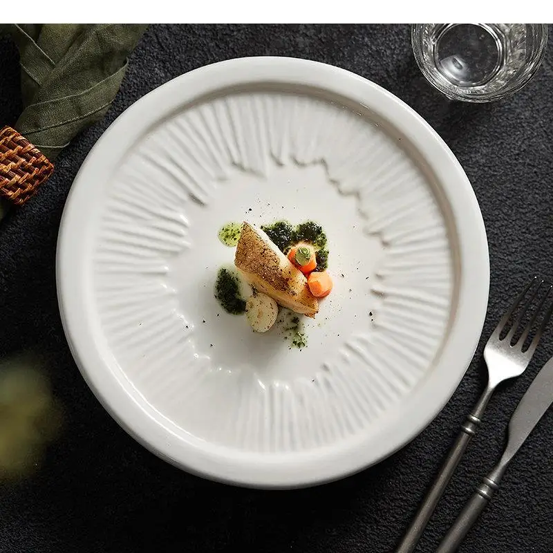 Round Featured Ceramic Pasta Sushi Steak Plate Simple Restaurant Solid Color Tableware Cooking Dishes Dinner Plates Serving Dish