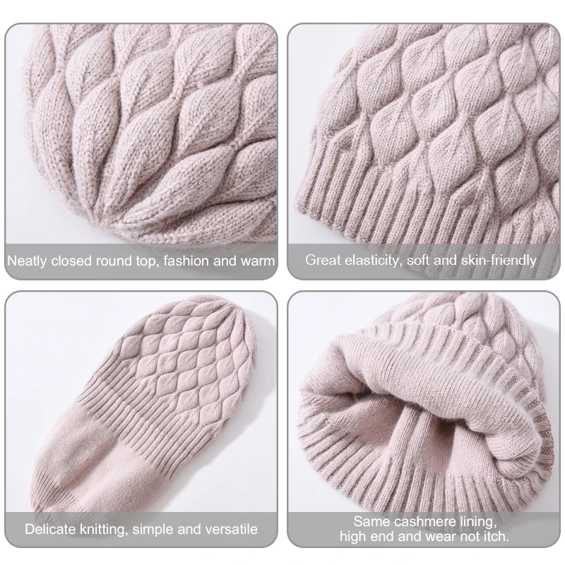 Jxwatcher Women Winter Hat Real Fur Pompom Angora Knitted Wool Beanie Fashion Casual Outdoor Thick Ladies Warm Fur Ball Hats New