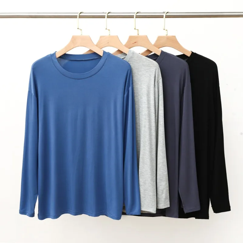 Plus Size Men Pajamas Modal Crew Neck Long Sleeve T-Shirt Top Solid Color Base Layer Pajamas Loungewear Pullover Fall Sleepwear