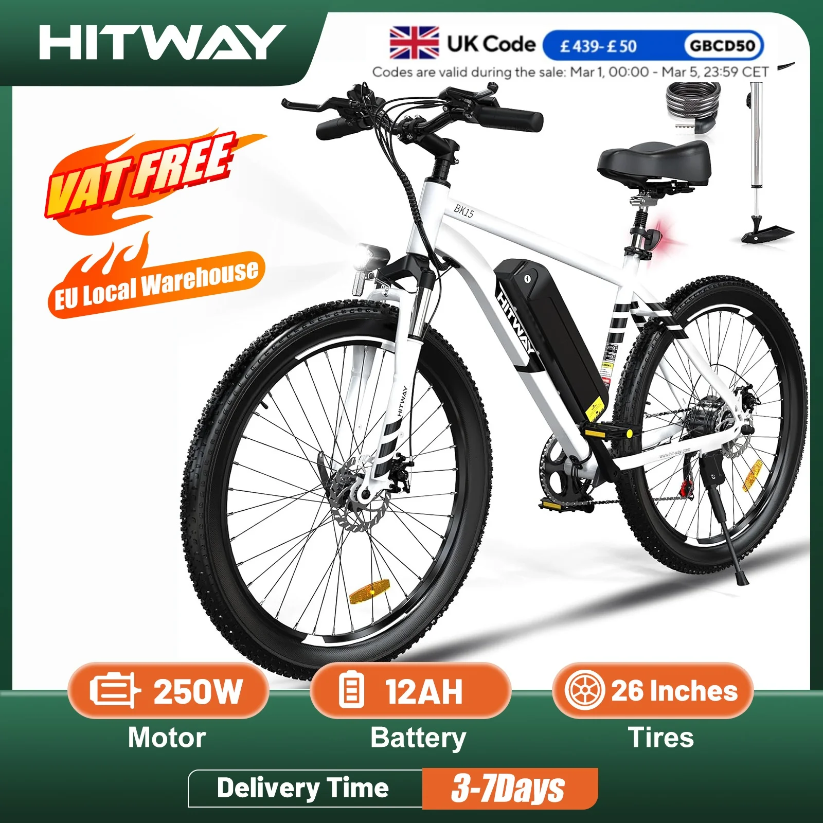 HITWAY bici elettrica E Mountain Bike, bicicletta elettrica da 26 pollici pendolari E-Bike con batteria rimovibile 36V 12Ah, 7 velocità, 35-90km