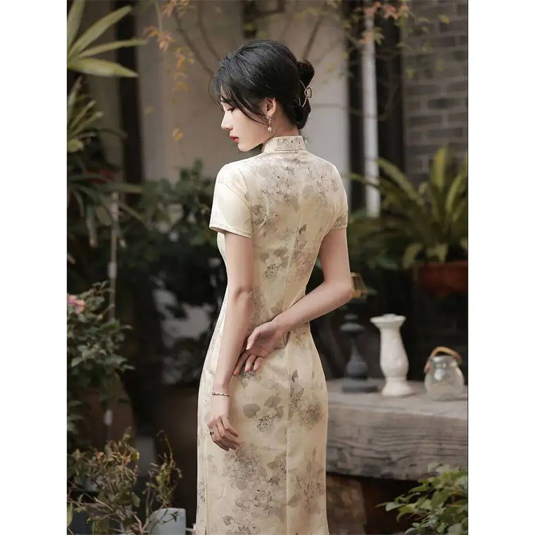 Fashionable New Chinese Style Short Sleeve Dress Women's Summer Slimming Mid-Length Skirt High Waist Printed Polyester High E...