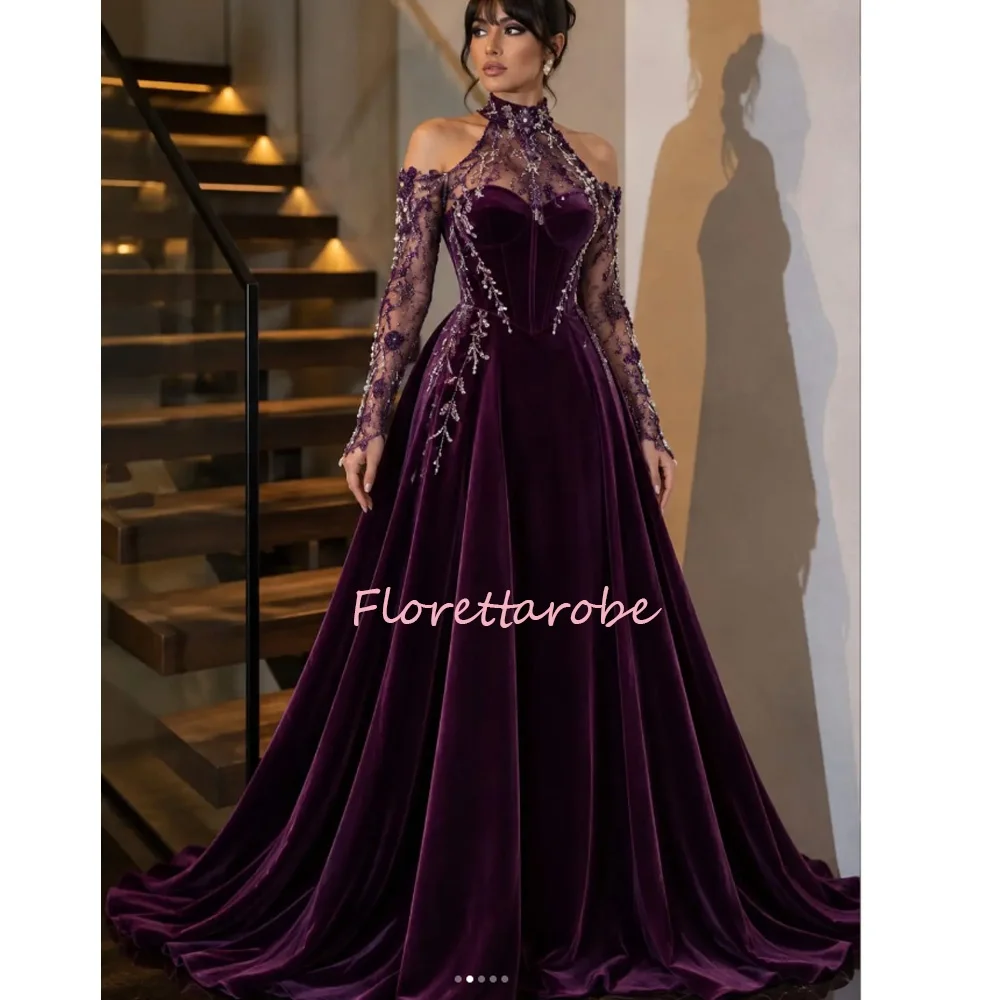 Customized Purple Halter Neck Long Sleeve Prom Dress Floor‑Length Off The Shoulder A-Line  Appliques Beads Evening Dresses