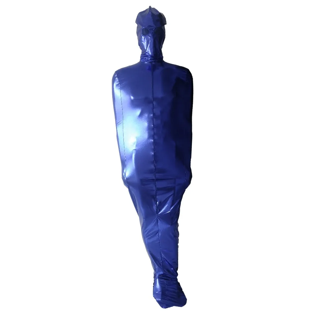 

Blue Shiny Metallic Unisex Mummy Costumes Body Sleeping Bag Sexy Catsuit Halloween Cosplay suit with removable mask open eyes