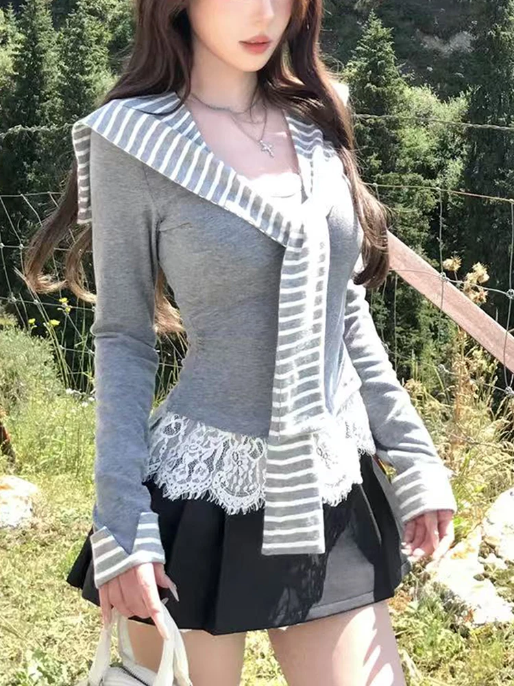 Naval Collar Lace Splice Long Sve T-irt Women's Autumn New Sle Pleated f Skirt Two-Piece Set College Sle Striped ...