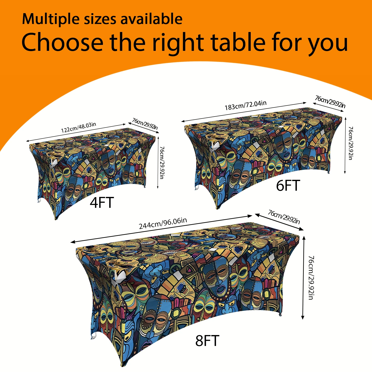 1PC African Mask Digital Print Elastic Tablecloth, 4/6/8FT Summer Outdoor Stretchable Table Cover, Machine Was