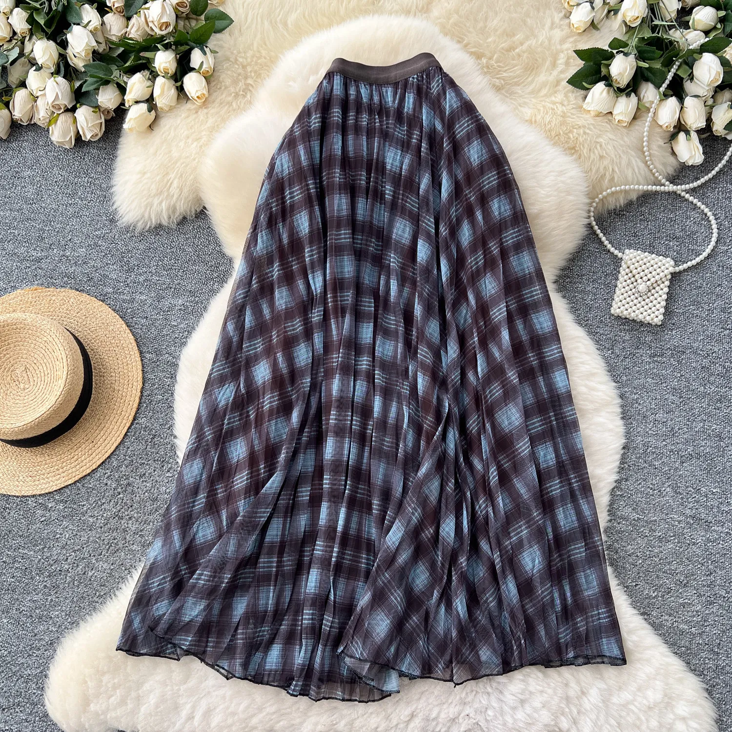 Autumn Retro and Elegant Mesh Plaid French high waist Pleated Women's Long skirt for Womens Maxi Skirts