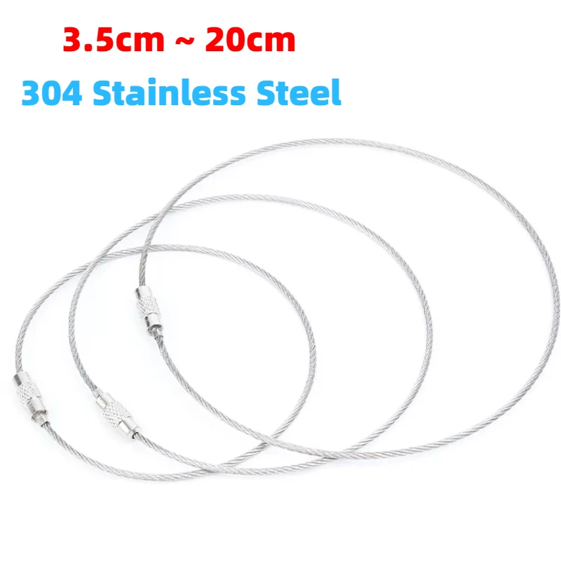 3.5cm~20cm EDC Keychain Tag Rope 304 Stainless Steel Wire Cable Loop Screw Lock Gadget Ring Key Keyring Circle Camp Hanging Tool