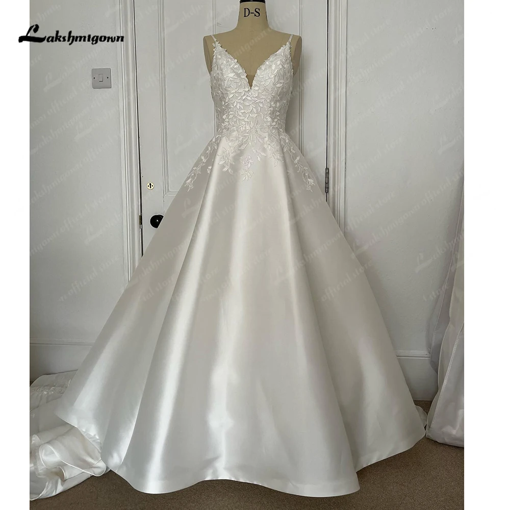 Lakshmigown Lustrous Satin Wedding Dress 2023 Spaghetti Straps Floor-Length Ball Gown 2023 Vestido de novias Vestido Civil