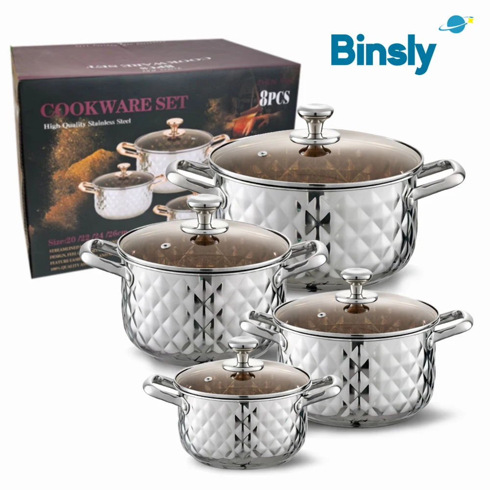Juego de Ollas de Acero Inoxidable Premium con Textura de Diamante, Ollas de Cocina de Diferentes Tamaños con Tapas de Vidrio para Cocina