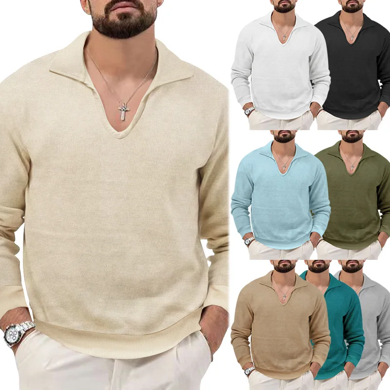 Lapel V-neck Men's Fashionable Slim Fit Long Sleeved Waffle T-shirt Autumn New Cross-border Base Men's Clothing