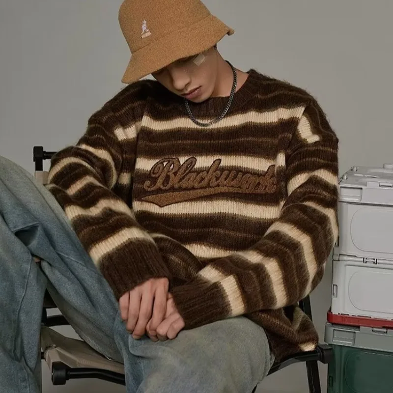 

Мужской трикотаж большого размера Long Sve, круглый полосатый свитер Ne, удобный свободный крой, осенне-зимний повседневный топ irt