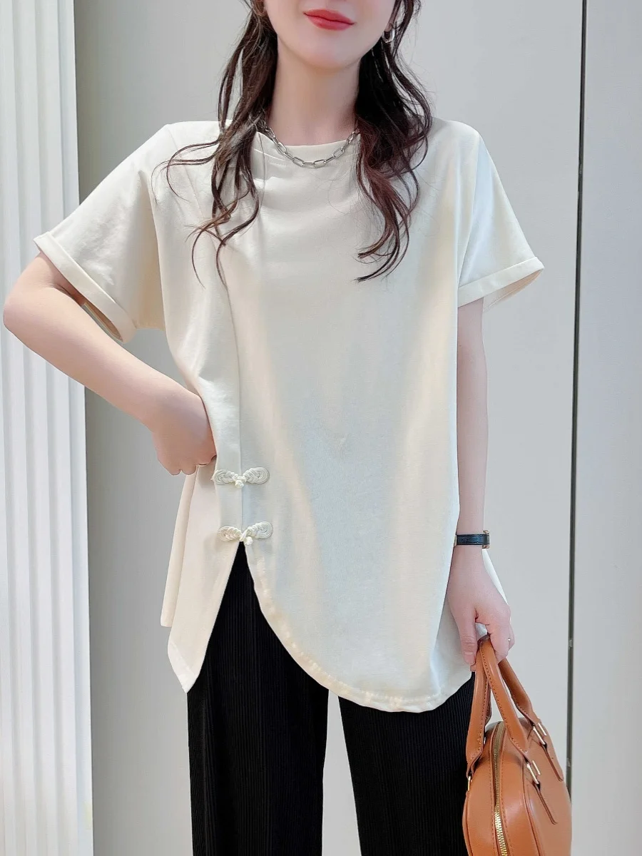 plus Size Short Sleeve T-Shirt Women's New Chinese Style National Trend Button Design Small Audience Split Irregular Top