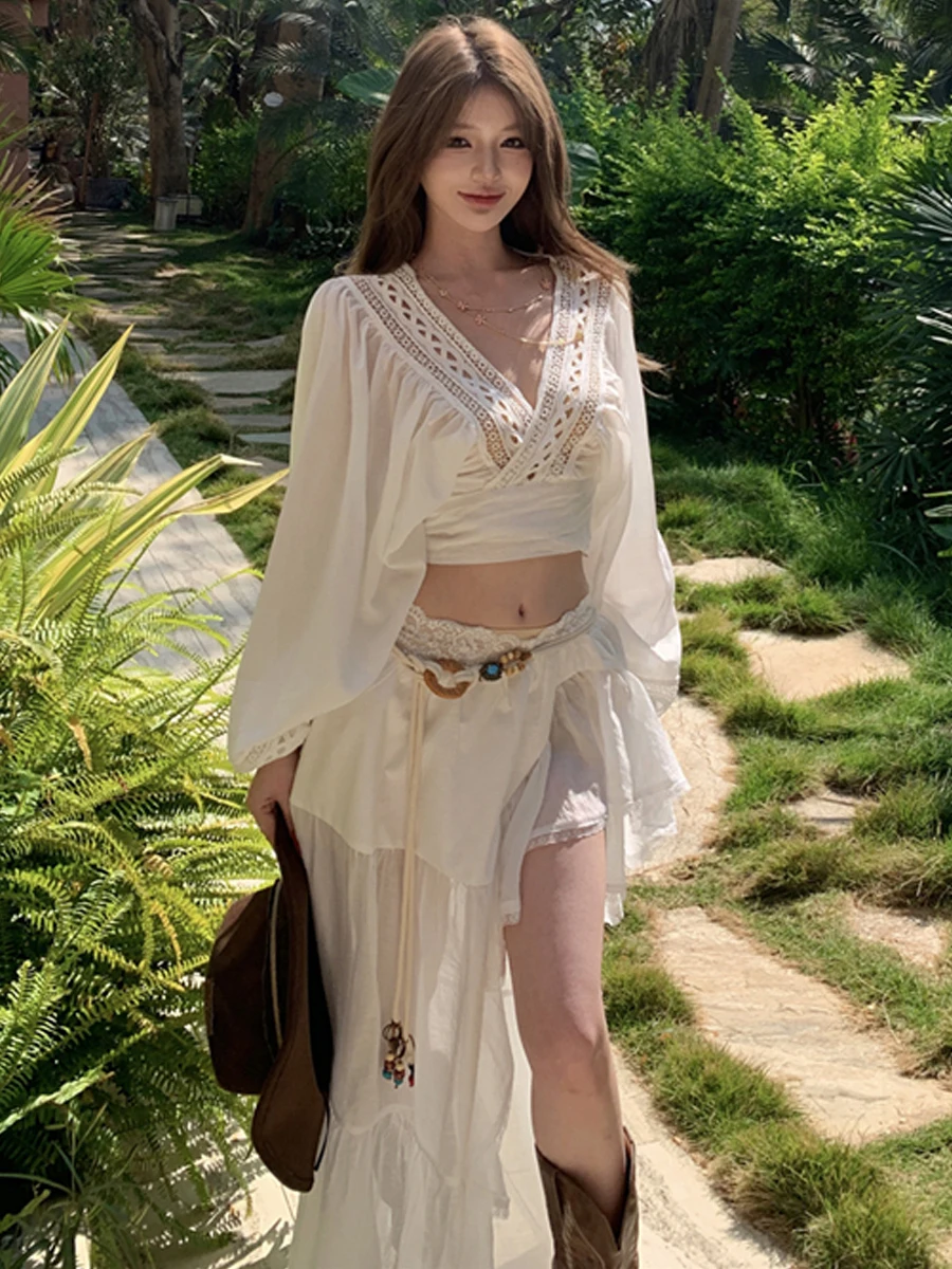 Elegant Sexy Embroidered Lace Patchwork Cross Slim Fit Shirt Top Asymmetrical Hem Half Skirt Set Women's Fashion Summer Outfit