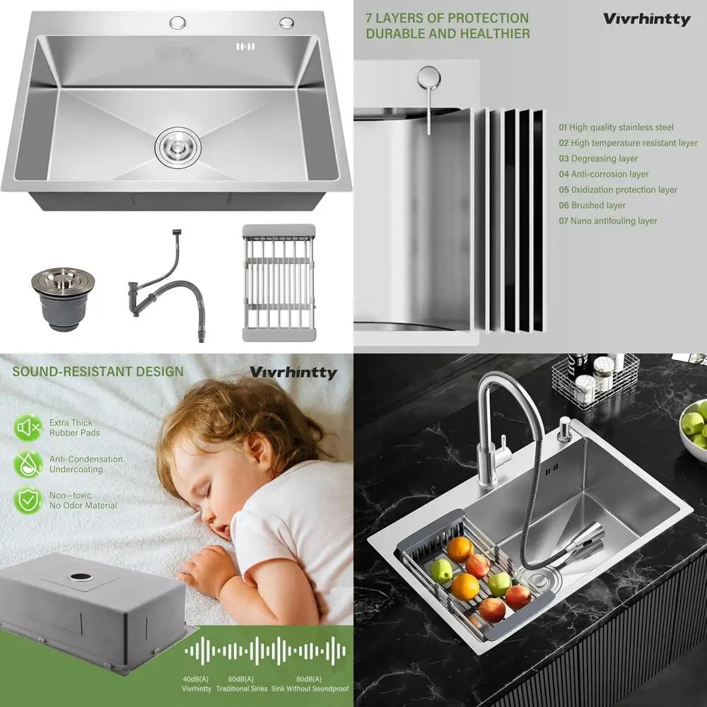 

Large Top Mount Single Bowl Sink, 9 Inch Deep, 33x19 Kitchen Sink, Nano Coating Stainless Steel, Suitable for Kitchen and Laundr