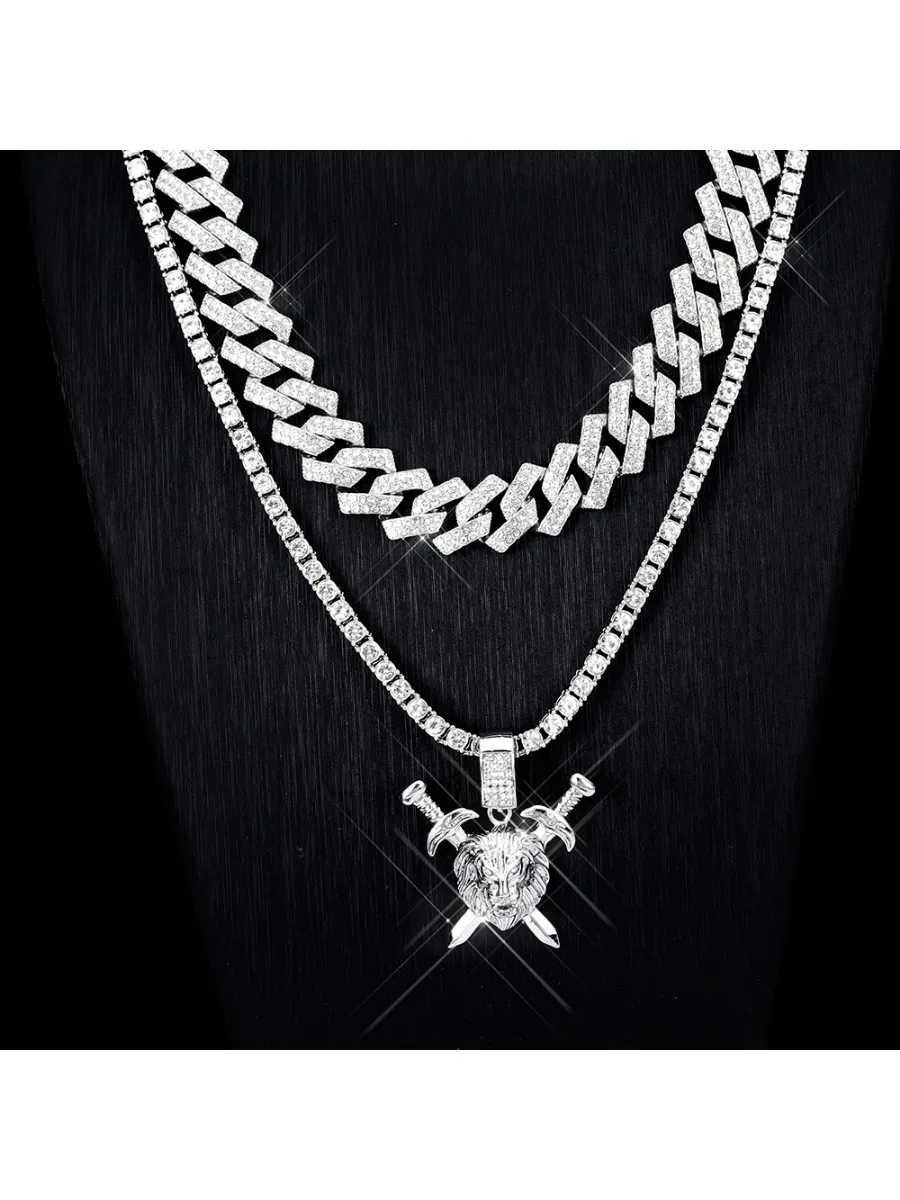 

Double sword lion head zinc alloy pendant fashion hip hop style full diamond Cuban chain exaggerated men's necklace