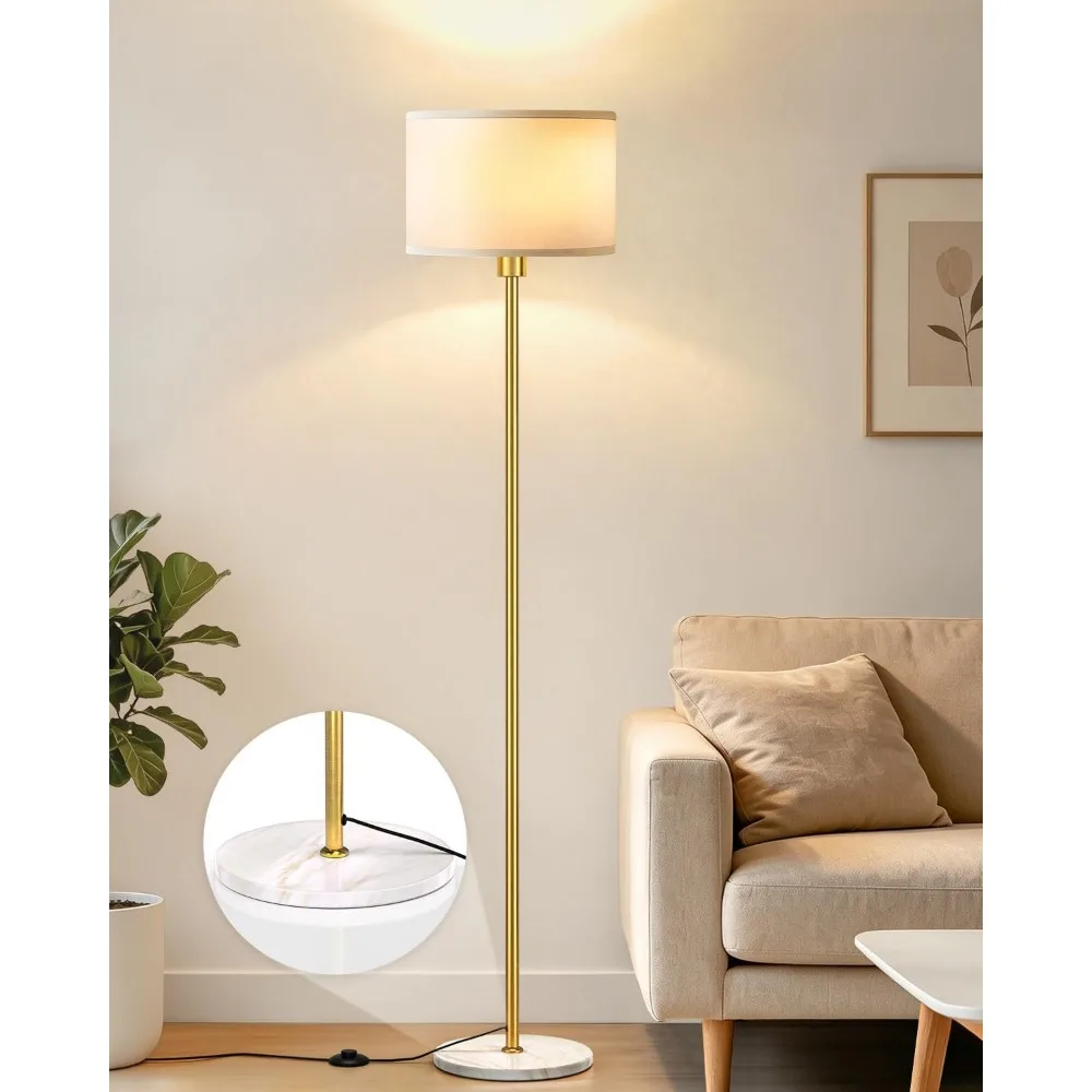 63 Inch Floor Lamp with Marble Base, White Linen Shade Standing Lamp with Bulb Included, Modern Reading Floor Light for Living Room Bedroom Office Nursery