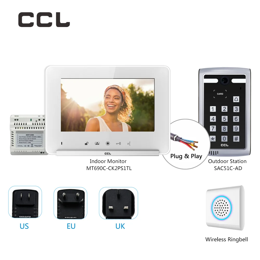 CCL 7 Inch Video Intercom Indoor Monitor Security Protection Door Phone 4-Wire with Wireless Ringbell Doorbell For Villa System