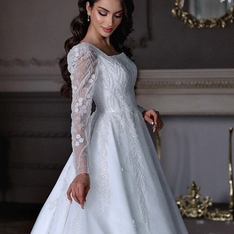 Luxe trouwjurk geborduurd kant op net met baljurk vierkante kraag volledige mouw bruid knop aangepaste vestido de novia