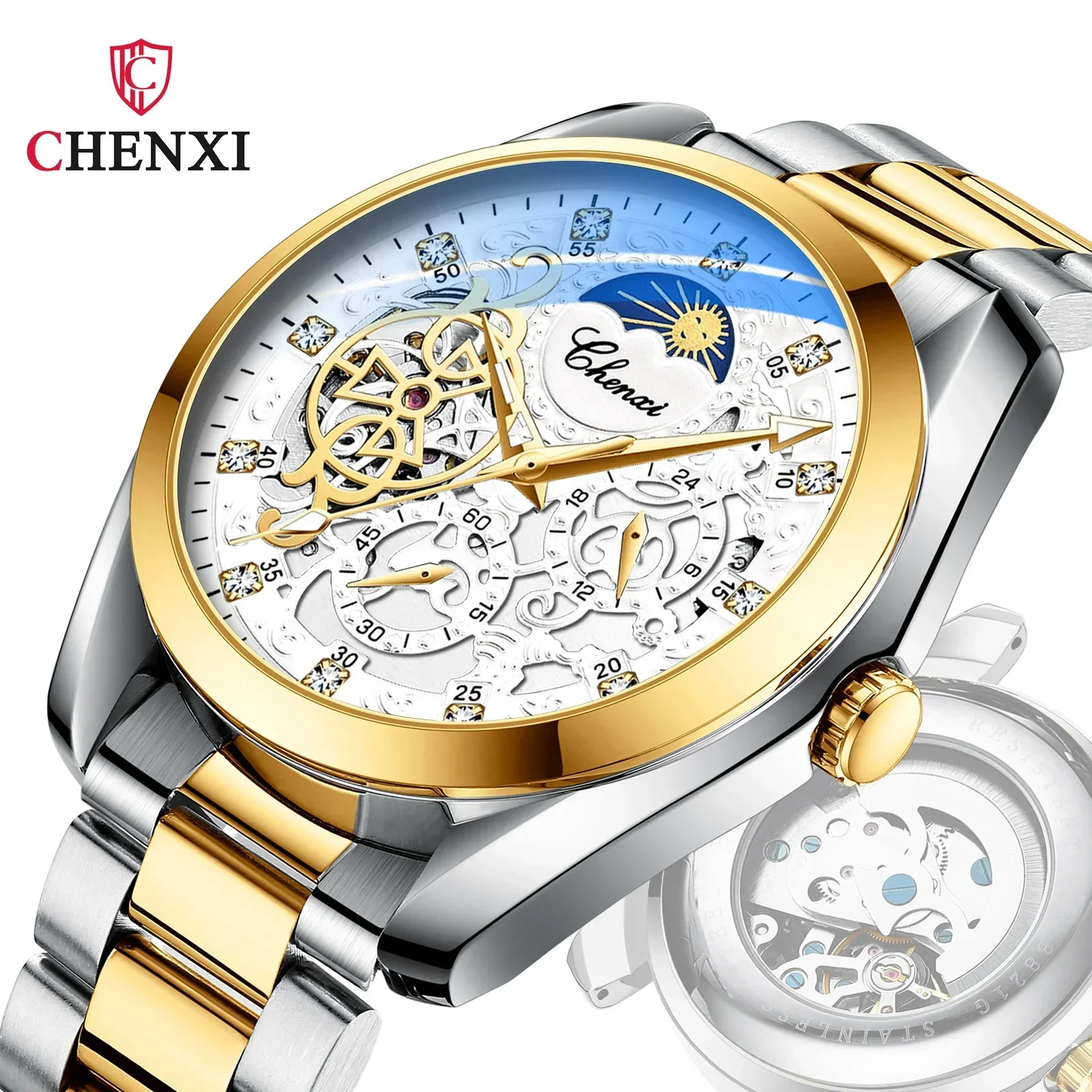 CHENXI 8811 Men's Waterproof Luminous Diamond Inlaid Full-automatic Hollow Mechanical Watch Wholesale