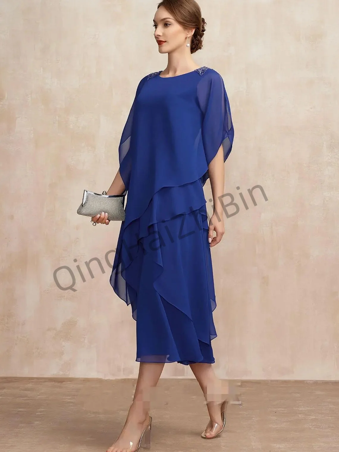 Blau elegantes Party kleid Rüschen Chiffon Perlen Mutter der Braut Kleid Tee-Länge plus Größe Abend Frauen Ballkleid