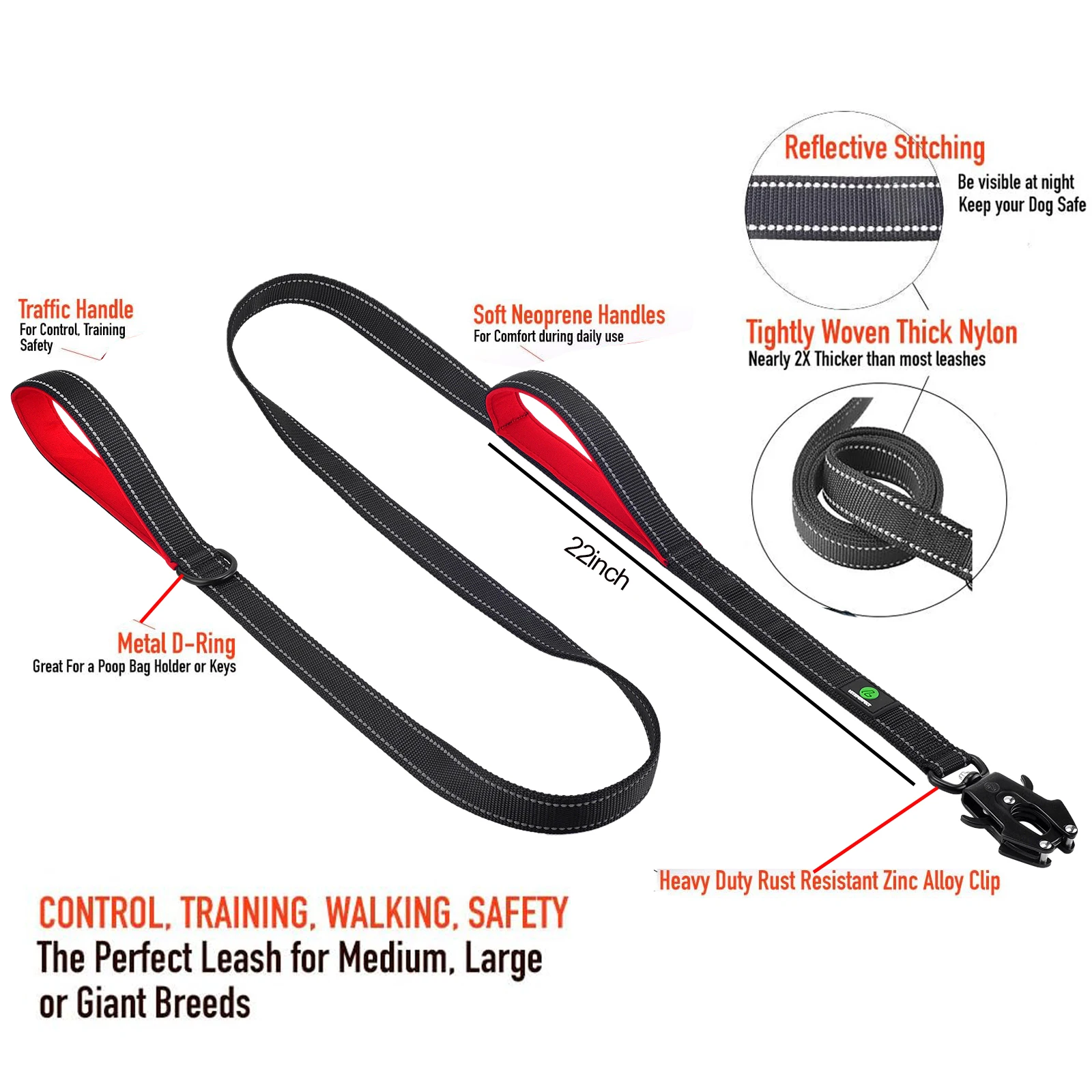 6ft Dog Leash Long Traffic Padded Two Handle Heavy Duty Reflective Double Handles Lead for Control Safety Training Leashes