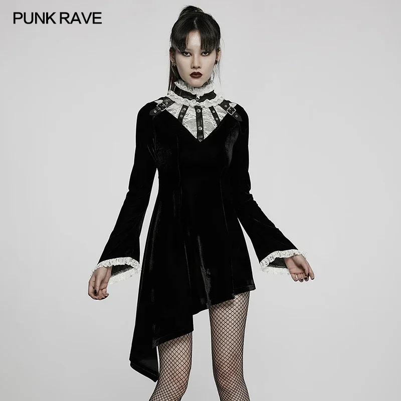 

PUNK RAVE Gothic Women Asymmetric Hem Dress Dense Velvet Lace Metal Collar Dresses Adjustable Waist with Back Cord Goth Clothing