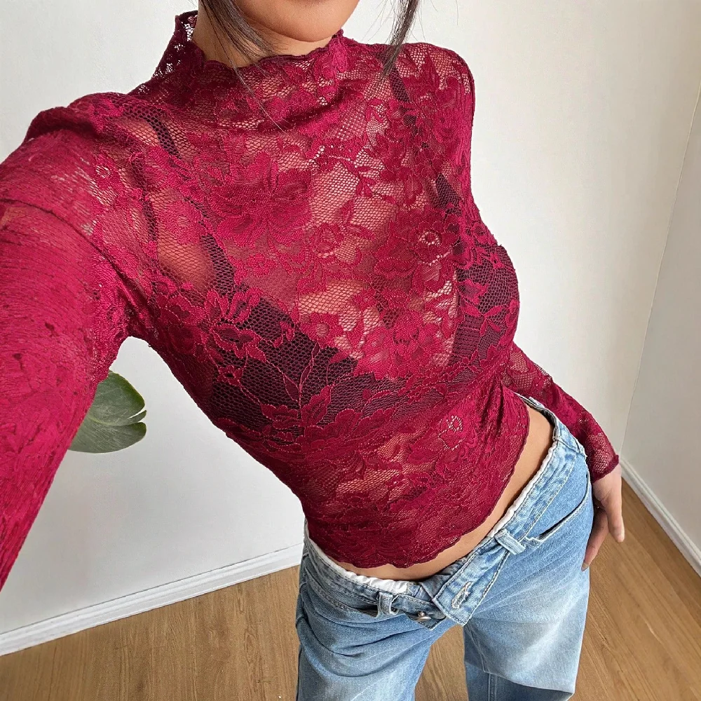 

Sexy Long Sleeve Rose Lace Shirt Women's Slim Fit Shirt Translucent Summer New Arrival Summer Fashion Female Top