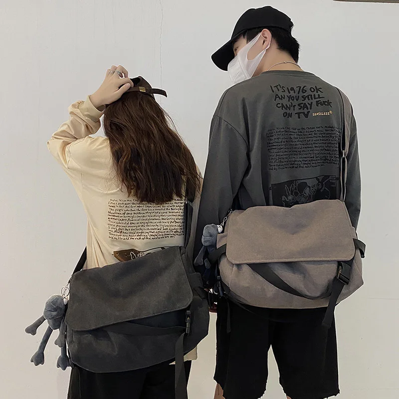 Solid Color Canvas Bag Japanese Harajuku Youth Messenger Bag Casual Men Shoulder Bags Crossbody Bags for Women Student Schoolbag