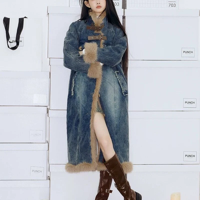 Vintage Warm Fur Collar Denim Jacket Coats Women Winter Loose Casual Padded Jackets Thickened Mid Long Parkas Cotton Clothing