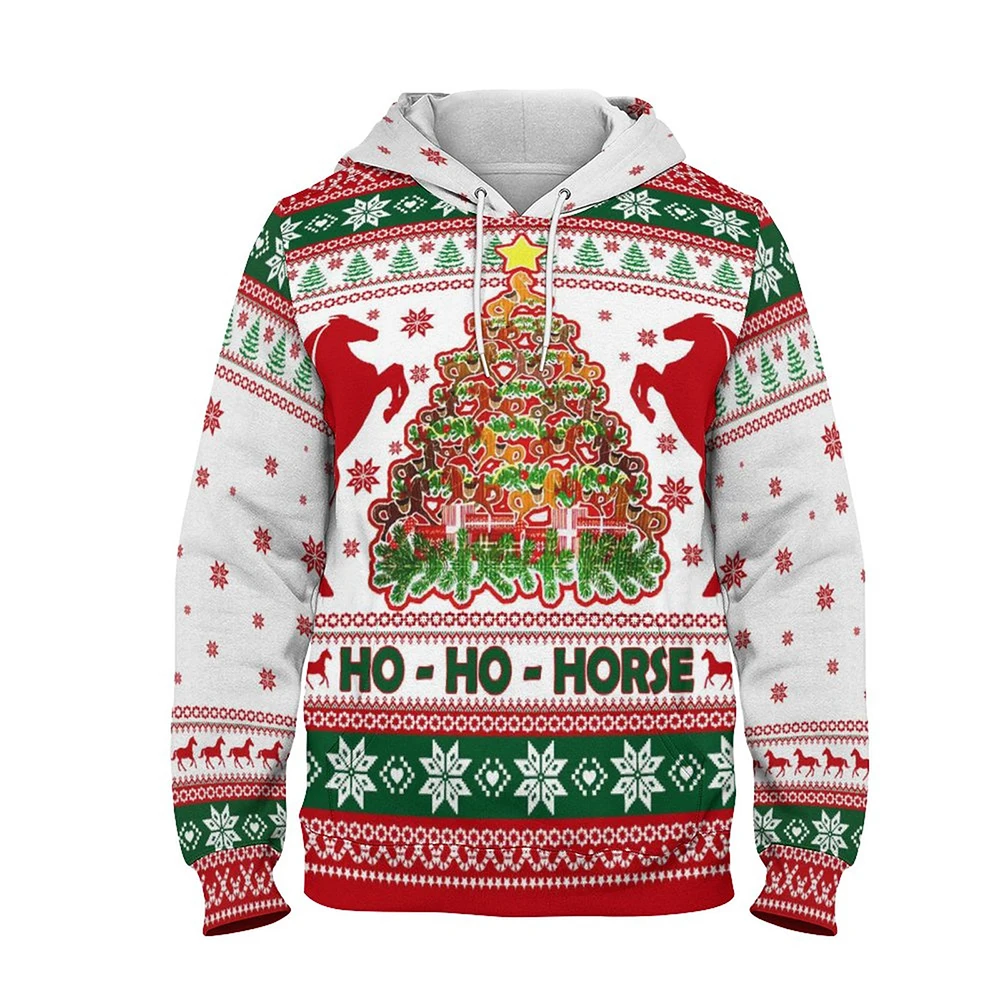 Jumeast 3D Christmas Horse Printed Men Hoodies Cartoon Bulldog Casual Hooded Sweatshirts YK2 Tree Coats Youth Festival Clothing