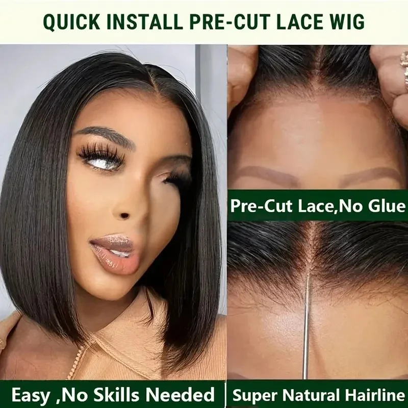 

Gluel Bob Hair Wig Human Hair 4x4 Lace Closure l Looking Breathable ort Straight Hair Wig for Women Easy to Wear