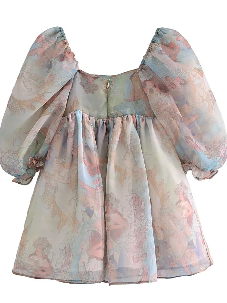 2022 principessa Vintage Tie dye Beauty Girl stampa Organza abito da ballo abito manica a sbuffo donna altalena Mini abiti fata vestaglia abiti