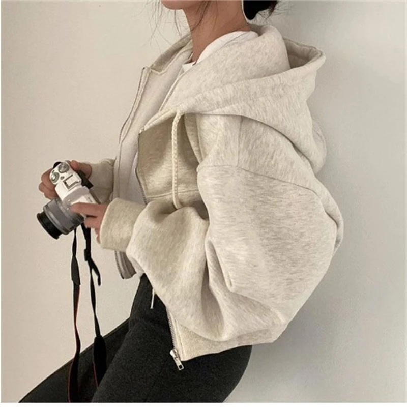 

Короткая толстовка с капюшоном на молнии, женская корейская куртка на осень/зиму 20%, свободный модный однотонный ленивый топ