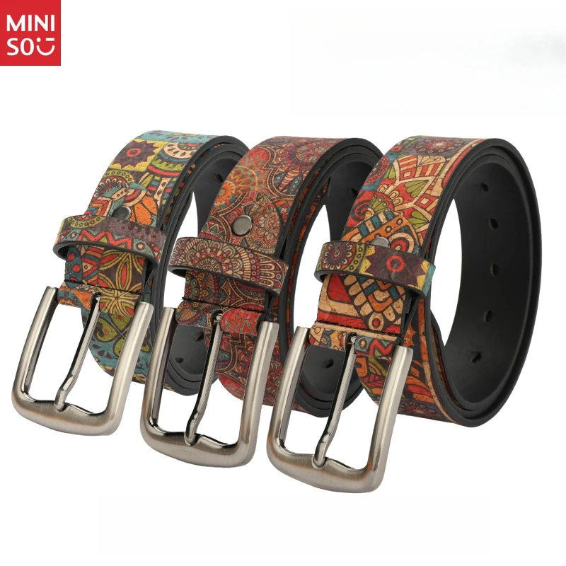 

Miniso Women's Embroidered Leather Belt, Elegant Ethnic Pattern, Boho Chic Waistband