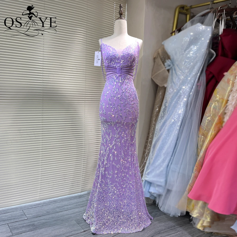 

Beading Purple Evening Dresses 2025 New Glitter Sequin Lace Mermaid Prom Gown V neck Illusion Waist Woman Elegant Formal Dress