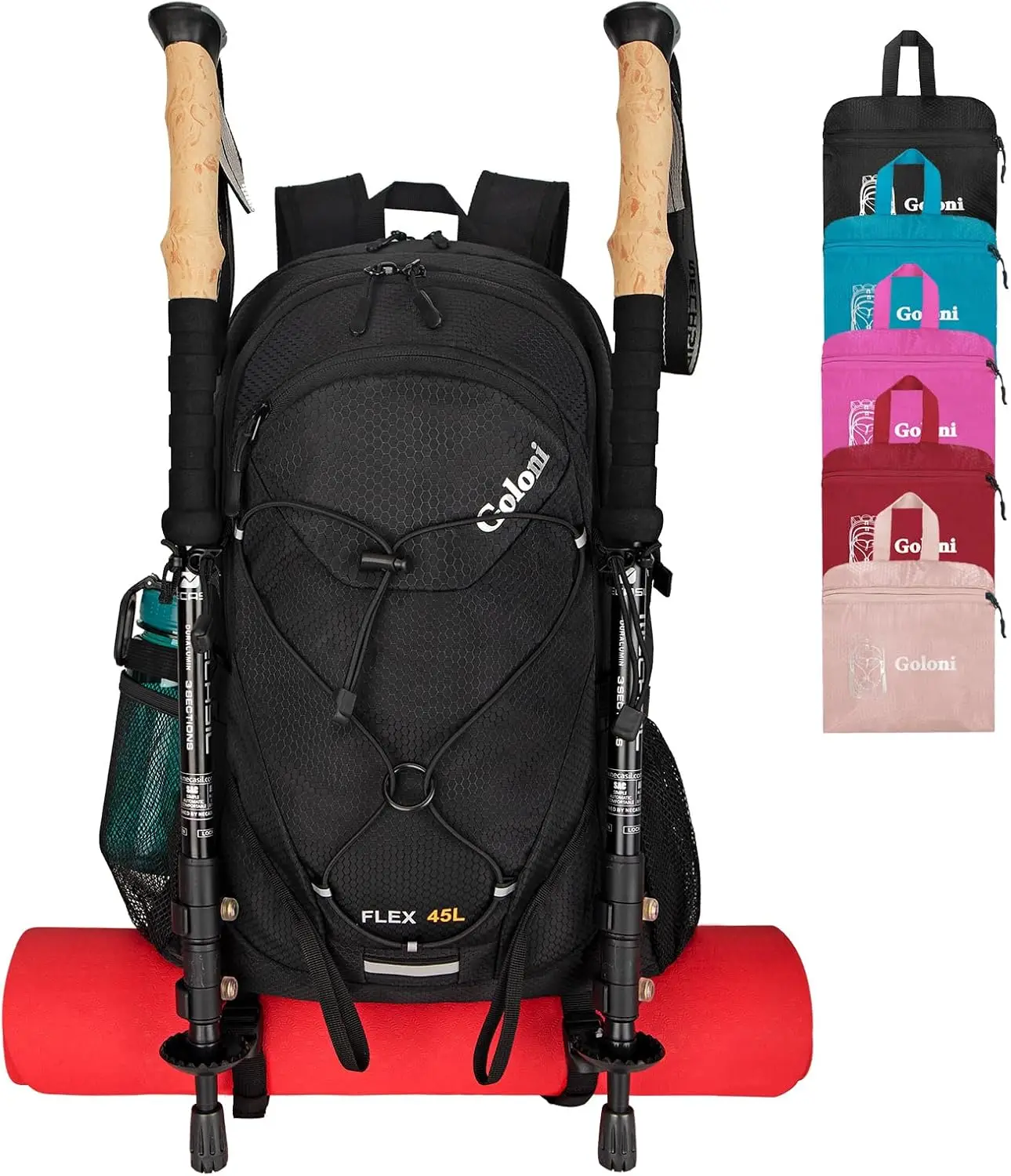 

45L Hiking Backpack Lightweight Foldable Waterproof with Rain Cover & Hiking Pole Mat Carrying System, Ergonomic Daypack for