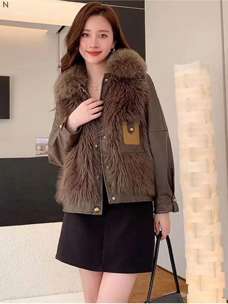 2023 Autumn Winter Faux Fur Coat for Women Elegant Fashion Korean Fashion Faux Leather Jacket Thick Warm Street Outwear