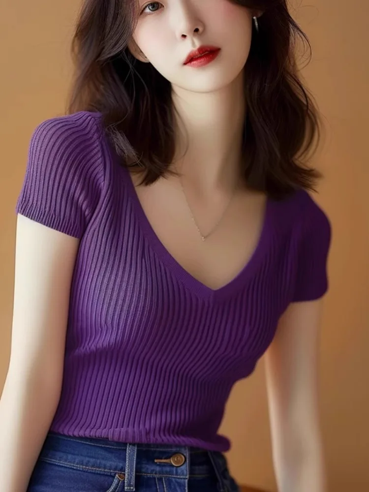 

Мягкий, комфортный, приятный к телу трикотажный топ с коротким рукавом и V-образным вырезом, модная облегающая базовая футболка для женщин, лето 2026